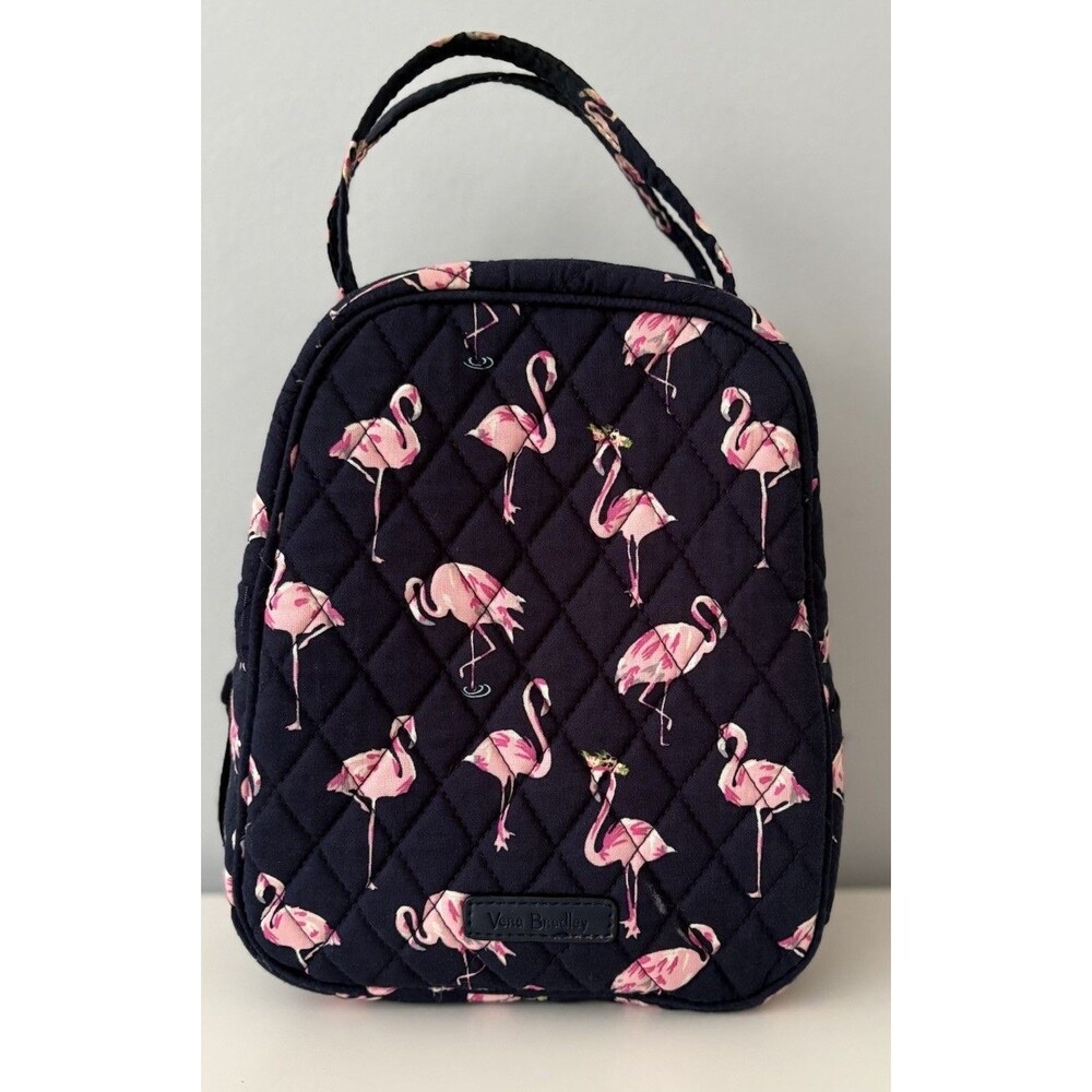 Vera Bradley Navy Blue w/ Pink Flamingos Lunch Bag Lined Quilted 10 x 7 x 4 in